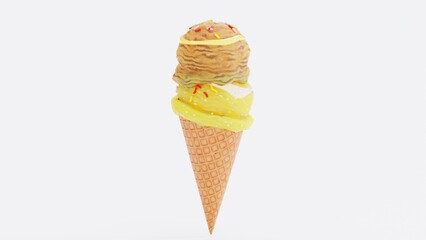 Delicious Ice Cream Render in Bowl with Chocolate Drizzle - Realistic 3D Food Art.  intricate textures, glossy chocolate, and creamy scoops perfect for advertisements, packaging, menus, and food.