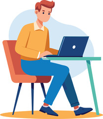 a boy is using his laptop vector