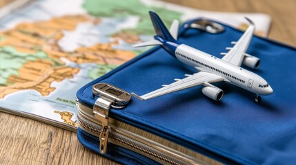 Travel planning essentials with suitcase and airplane on world map