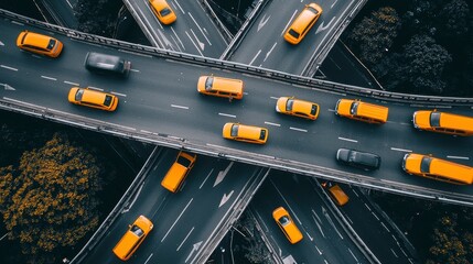 Aerial view of busy urban highway with yellow taxis and traffic