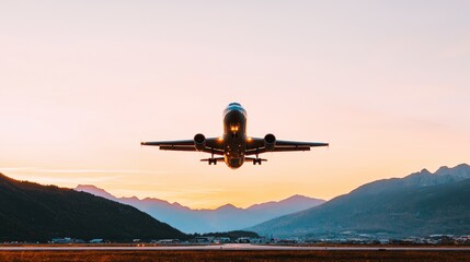 Airplane taking off against a stunning sunset backdrop in the mountains
