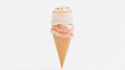 Delicious Ice Cream Render in Bowl with Chocolate Drizzle - Realistic 3D Food Art.  intricate textures, glossy chocolate, and creamy scoops perfect for advertisements, packaging, menus, and food.