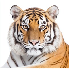 Fototapeta premium Majestic tiger portrait with intense gaze on white isolated background.