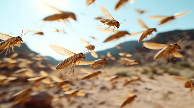 A swarm of locusts flying in a desert landscape with a clear blue sky and distant mountains in the background.