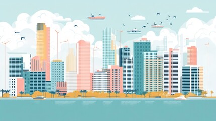 Naklejka premium Colorful city skyline with skyscrapers, palm trees, boats, and birds flying in the sky.