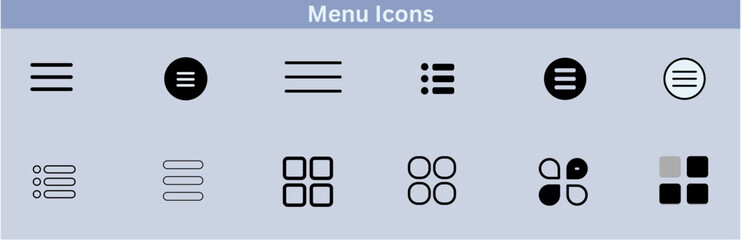Hamburger menu icons set for web and mobile apps. Includes vector buttons for website UI navigation, featuring hamburger or burger line menu icons for home, drop-down lists, application drawers,