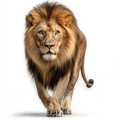 Naklejka premium Realistic lion walking towards the viewer, white isolate background.