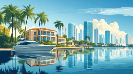 Obraz premium Miami Real Estate Trends illustrated in a housing-themed infographic, focusing on current trends in Miami's luxury condos and waterfront properties