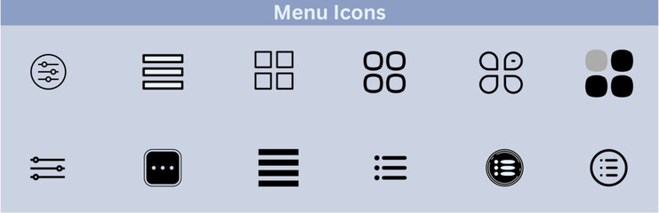 Hamburger menu icons set for web and mobile apps. Includes vector buttons for website UI navigation, featuring hamburger or burger line menu icons for home, drop-down lists, application drawers,