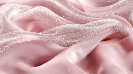 Obraz premium Close-up of delicate, shimmering pink satin fabric with water droplets creating luxurious texture for beauty advertising.