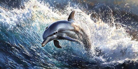 Obraz premium Dolphin gracefully swims, creating a beautiful splash of water. The dynamic movement of the dolphin captures the essence of playful aquatic life as it swims amidst the waves.