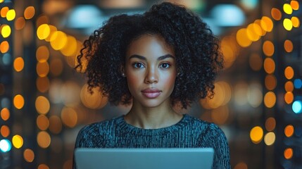 Woman running diagnostics in a server room filled with glowing lights and technology at night