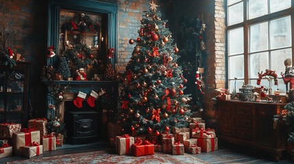 Enchanting holiday gift boxes nestled by a festive fir tree in a warm and inviting room.