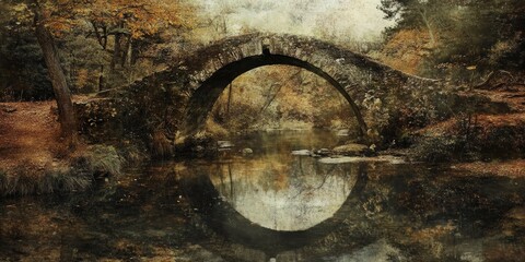 A weathered bridge, aged by time, spans across a small river, showcasing the beauty of decay in nature. This enchanting scene of the bridge reflects the passage of time over the serene river.