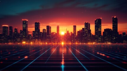 Fototapeta premium Stunning sunset over futuristic cityscape urban skyline digital art evening aesthetic