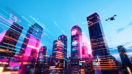 Obraz premium a futuristic cityscape with towering skyscrapers, each covered in glowing digital billboards and holographic projections. The sky is filled with drones and flying vehicles.