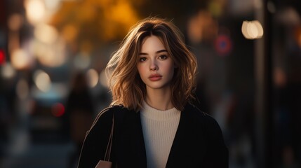Fototapeta premium a woman walking down a busy street, casually looking around. The lighting is natural, and the image captures her in a real-life moment without any filters or heavy editing. 