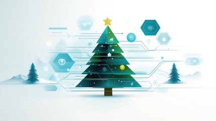 Futuristic digital christmas tree with technological snowflakes and winter landscape