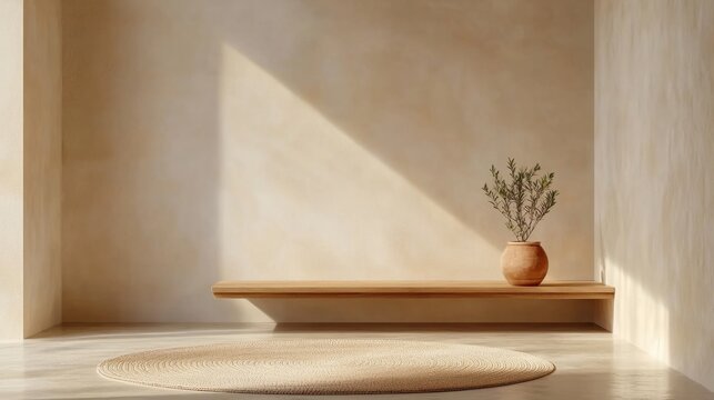A serene, minimalist interior scene with natural wooden furniture and soft natural lighting streaming through a large window. The room is simple, with neutral tones of beige, white, and light wood.