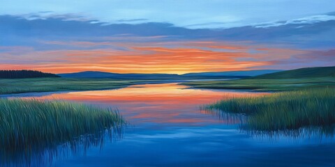 Obraz premium Dusk over the moor features stunning sundown hues reflecting beautifully in the water, capturing the tranquil essence of the moor as day transitions to night. Experience the moor s serene beauty.