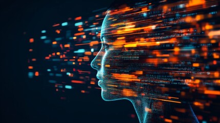 portrait of an artificial intelligence avatar in a virtual world, with a humanoid figure made of light and data streams.