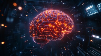 a digital brain, composed of interconnected glowing neurons, each representing a node in an artificial neural network. The brain hovers in a dark, futuristic space, with light beams.