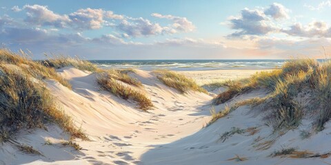 Dunes on the beach showcase stunning sand formations and vibrant vegetation, creating a picturesque scene of dunes where sand meets nature, perfect for capturing the essence of coastal beauty.