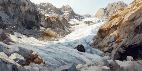 Melting glacier ice in shades of white and grey contrasts beautifully against brown and grey rocks in this alpine valley scene, showcasing the captivating landscape of the glacier s transformation.