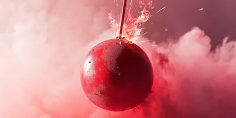 Close up view of a red bomb featuring a burning fuse, highlighting the vivid color and dynamic aspect of a red bomb in a striking and intense manner. A captivating portrayal of a red bomb.