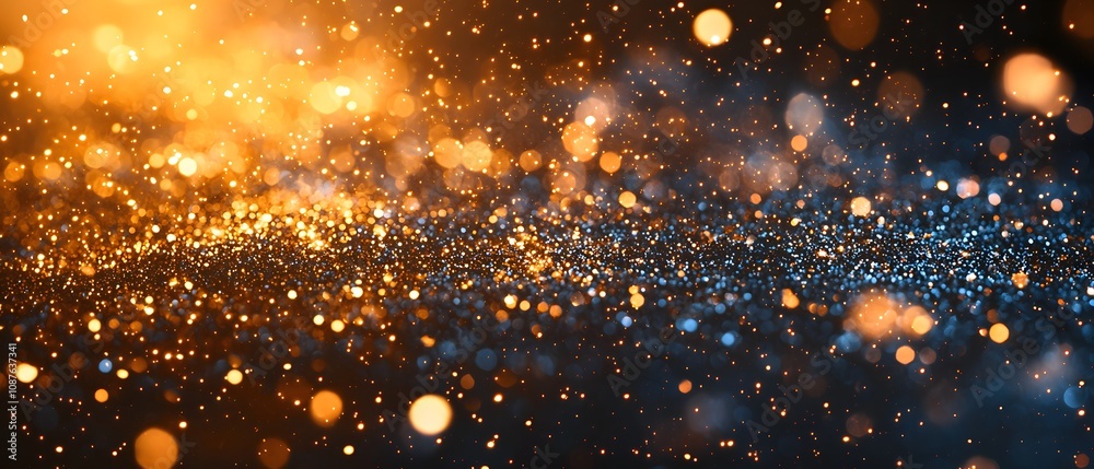Poster a dazzling display of gold and blue particles on a dark background, capturing the magic of light and