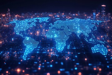 Obraz premium A map of the world overlaid with data points and statistical symbols. Generative AI