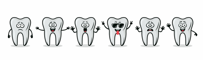 Adorable Tooth Characters Showing Different Emotions. Flat Vector Tooth Illustration - Happy, Excited, Sad, Scared Expressions. Cute Tooth Design Templates for Dental Logos, Marketing, Dental Branding