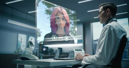 In a Futuristic Medical Office, a Physician Interacts With an Animated Patient Avatar on a Holographic Display. Video Consultation Where Physician Discusses Medical Exam Test Results - Powered by Adobe