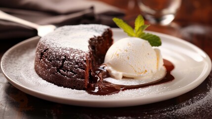 A decadent slice of chocolate lava cake with a molten chocolate center, dusted with powdered sugar and served with a scoop of vanilla ice cream