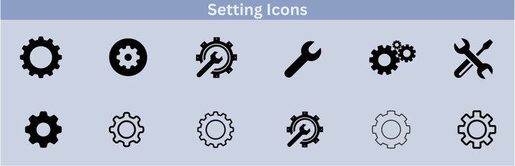 Settings glyph solid icons collection. Containing configuration, maintenance, service, tools, wrench, gear. For website marketing design, logo, app, template, ui, etc. Vector illustration.