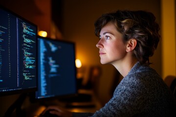 A professional woman writes code on a work computer, next to a second monitor with a team chat: A minimalistic office background, neutral lighting, side view. 