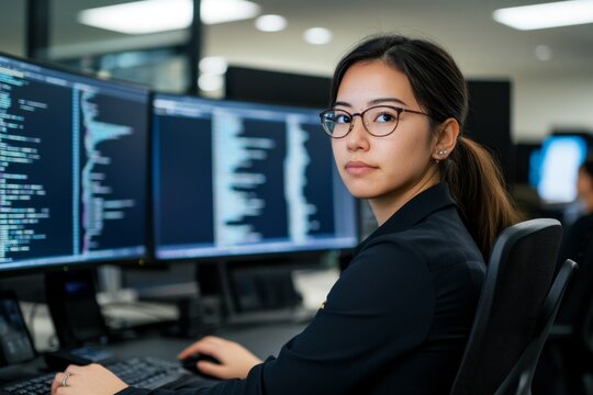 A woman of different ages and ethnicities is writing code together, sitting at a large office desk with several monitors: A clean office, natural lighting, programming elements on the screen. 