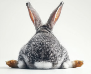 cute rabbit with gray fur and long ears sitting calmly, showcasing its fluffy back and tail. This adorable animal exudes sense of tranquility and charm