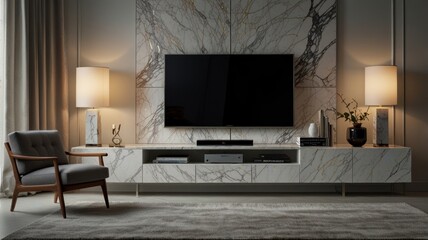 Modern living room with marble wall, large TV, and comfortable armchair.