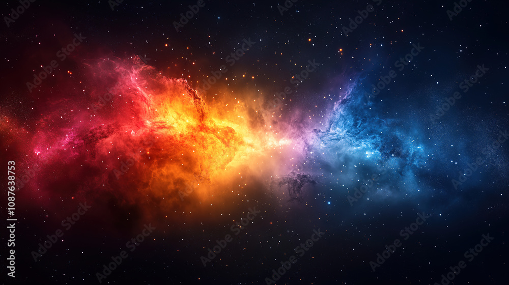 Poster colors of the cosmos with vibrant hues blending in a cosmic cloud against a dark starry sky at night