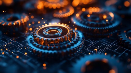 Close-up of metallic gears intermeshing on a circuit board, illuminated with orange and blue light.