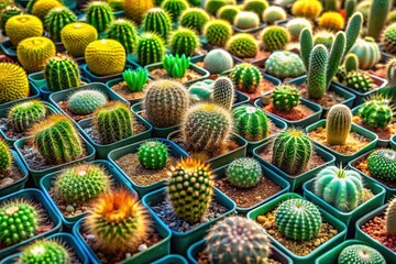 Fototapeta premium Sustainable Desert Cacti Display, Green Trays, Double Exposure