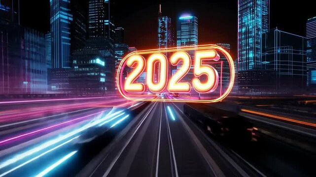 Glowing 2025 in vibrant neon lights against futuristic cityscape