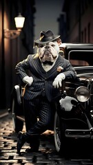 Gangster Bulldog in Pinstripe Suit Leans on Classic Car. Generative AI