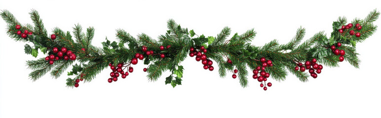 festive garland featuring green pine branches, red berries, and ivy, perfect for holiday decorations