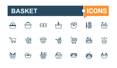 Set of Basket line icons. Contains such icons as shopping cart, supermarket, shape, commerce, buy, discount, simple, payment. Thin linear style icons. Outline and solid pictogram.