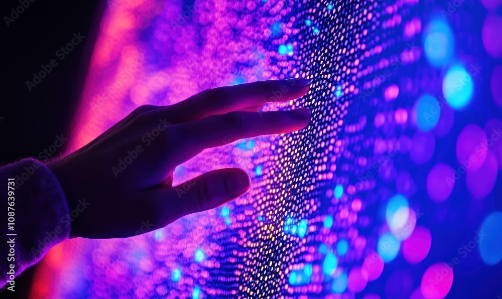Poster a hand interacts with a vibrant, colorful display of lights and patterns.