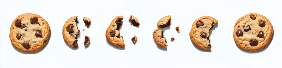 Delicious chocolate chip cookies in various stages of being eaten, showcasing their gooey chocolate and soft texture. Perfect for dessert lovers!