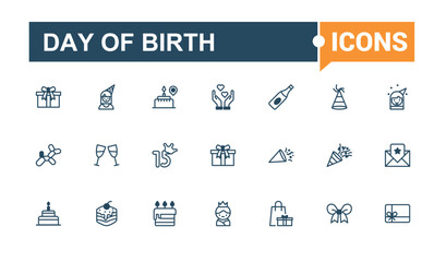 Day of Birth icon pack. Featuring cocktail, anniversary, wine, balloon, event, fun, gift, food. Simple line vector. Editable vector outline and solid icons.