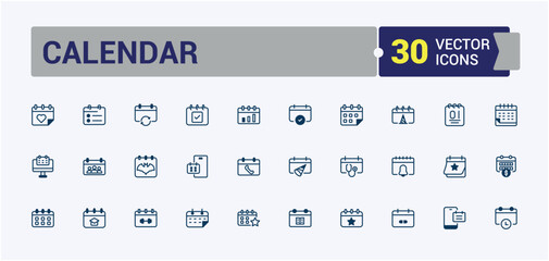 Calendar icon set. Featuring simple, vector, week, reminder, calendar, website and more. Simple line vector. Vector outline and solid icons collection.